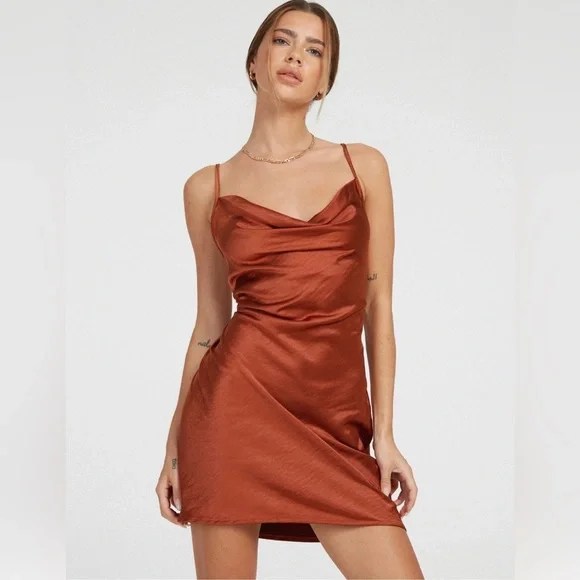 Motel Rocks Paiva Slip Dress in Satin Dark Rust
